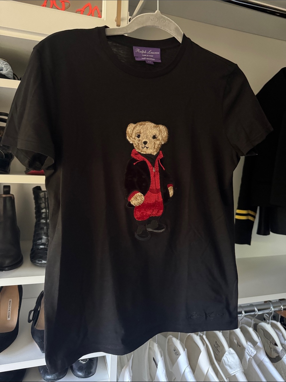 Ralph Lauren Black Tee Purple Label with Embroidered Bear in Red Jacket